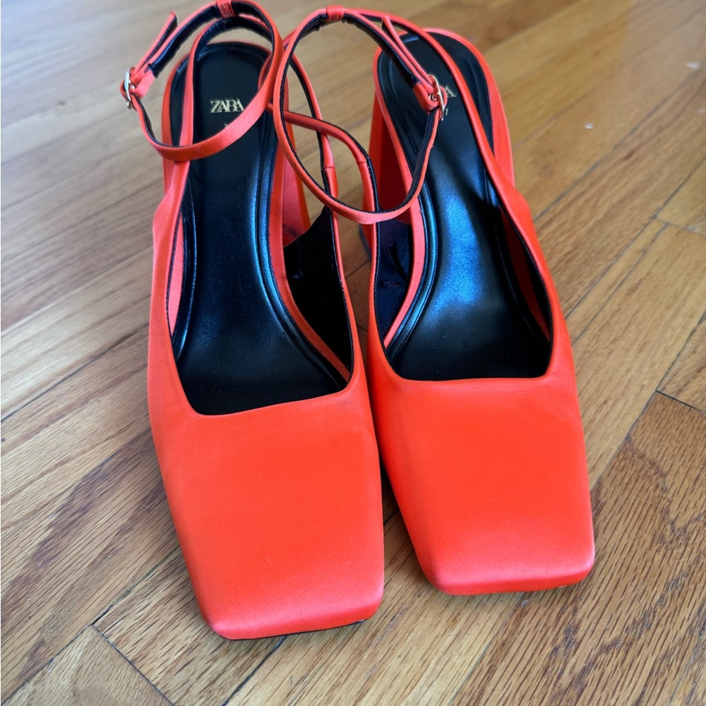 Zara Satin Orange Square Toe Heels